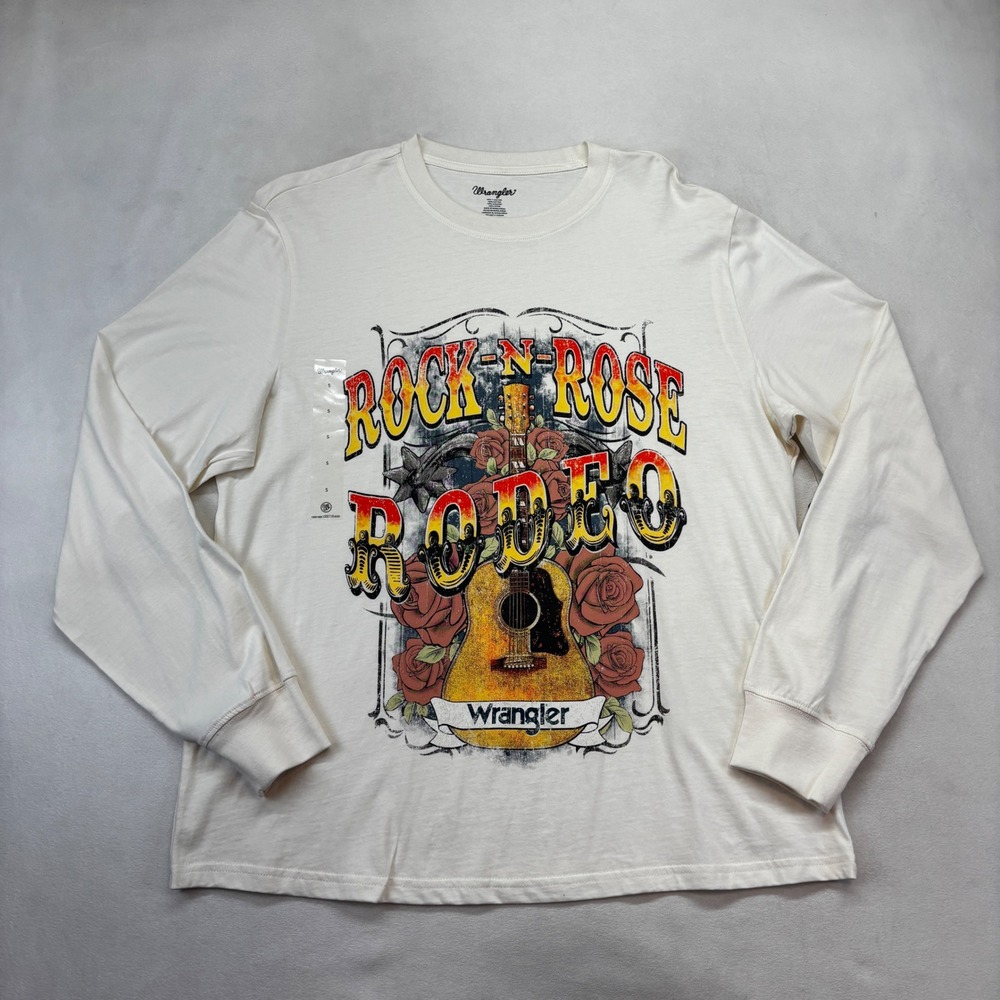 Wrangler Long Sleeve T-Shirt Women Small Cream Rock-N-Rose Rodeo Retro Western